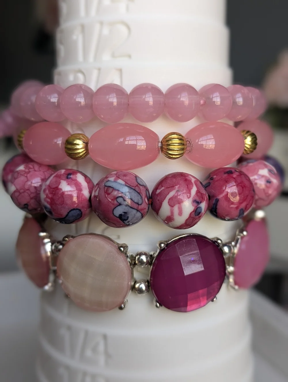Set of 4 Pink Stretch Bracelets | Layered Stack | Beaded & Statement Jewelry - Picture 1 of 4